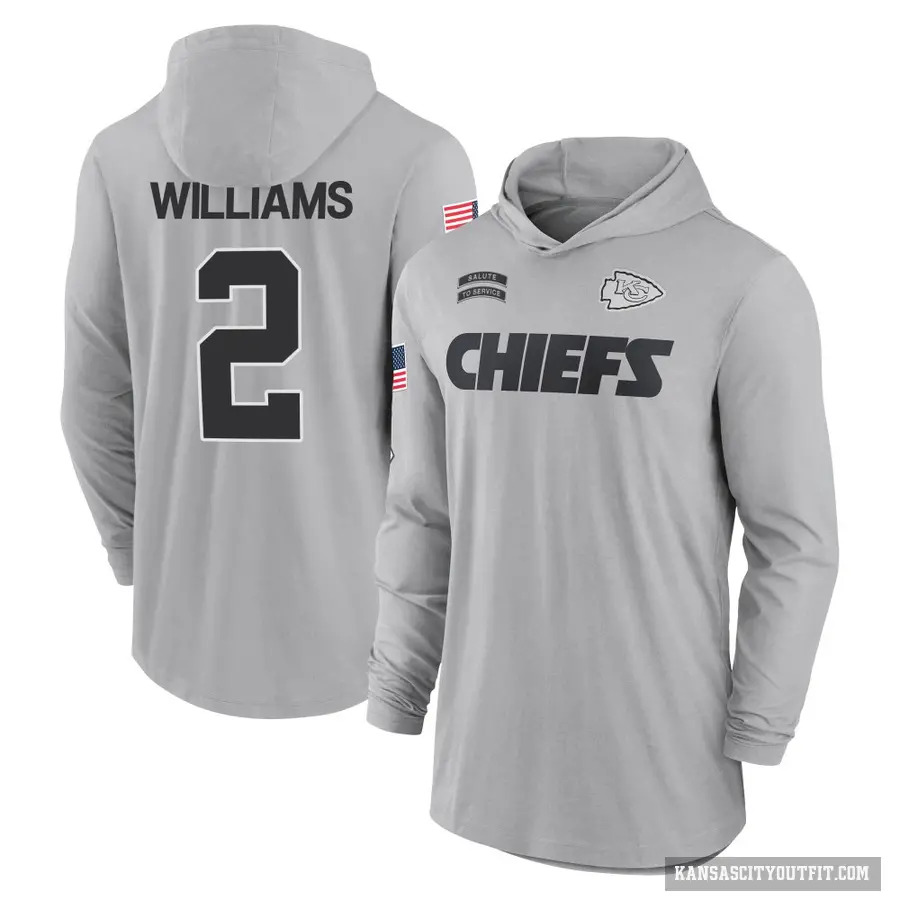 Men's ＃2 Joshua Williams Kansas City Chiefs Gray 2024 Salute to Service Lightweight Performance Long Sleeve Hooded T-Shirt