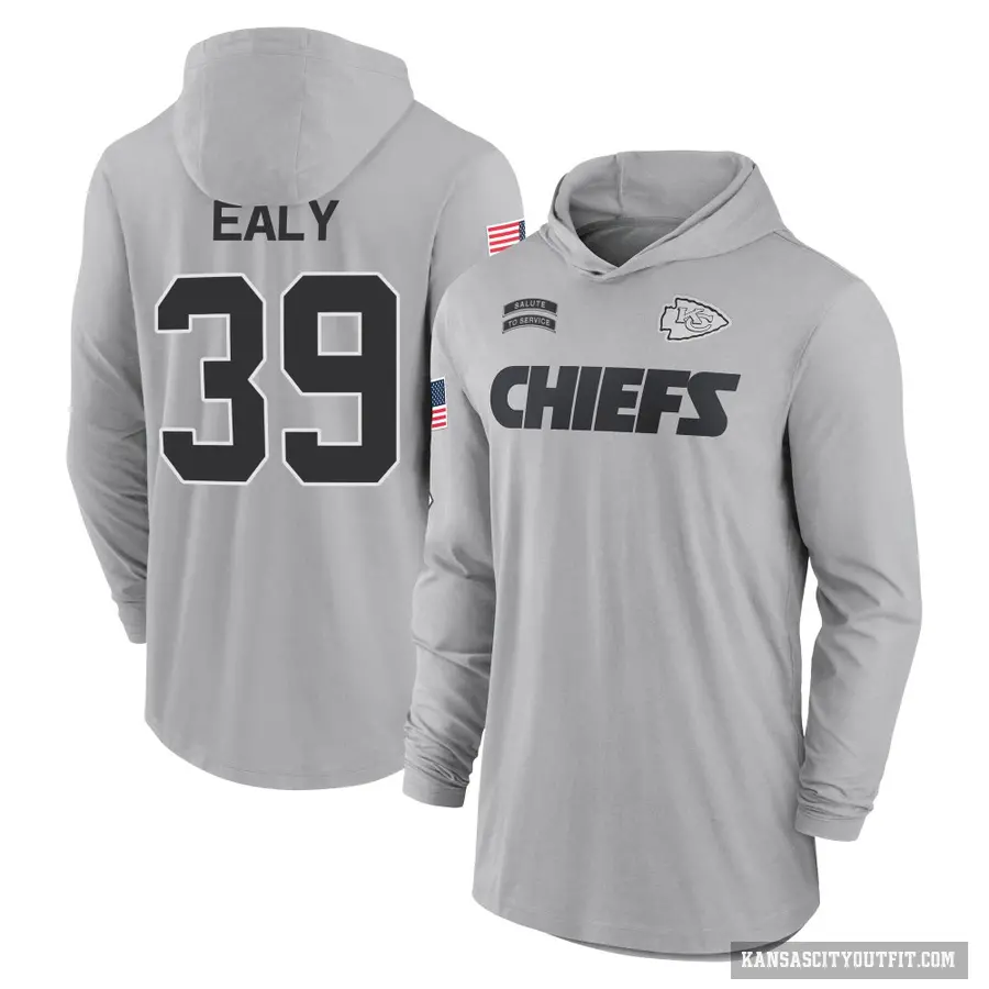 Men's ＃39 Jerrion Ealy Kansas City Chiefs Gray 2024 Salute to Service Lightweight Performance Long Sleeve Hooded T-Shirt