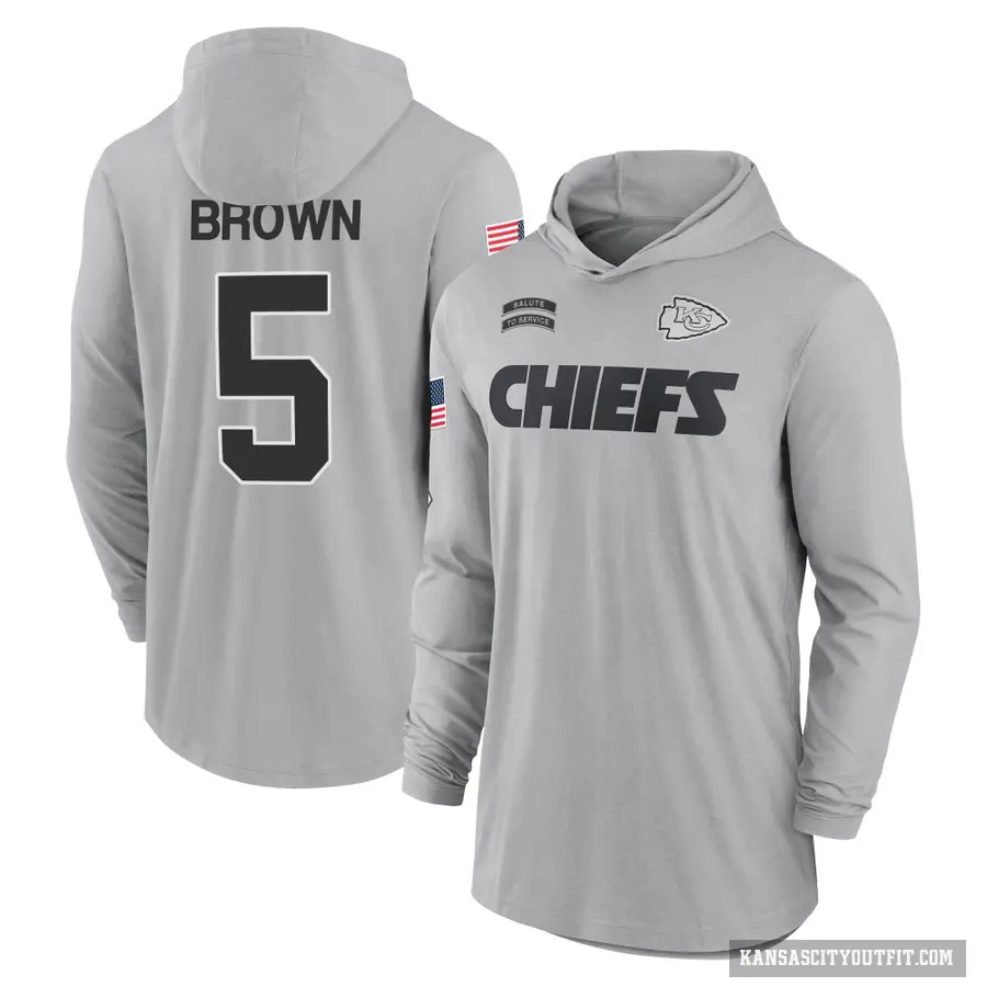 Men's ＃5 Hollywood Brown Kansas City Chiefs Brown Gray 2024 Salute to Service Lightweight Performance Long Sleeve Hooded T-Shirt