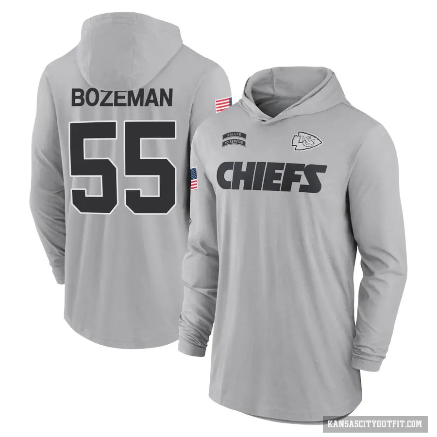 Men's ＃55 Swayze Bozeman Kansas City Chiefs Gray 2024 Salute to Service Lightweight Performance Long Sleeve Hooded T-Shirt