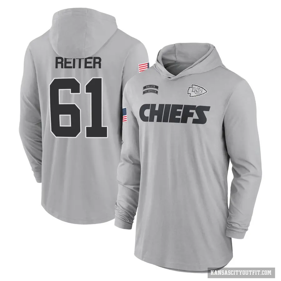 Men's ＃61 Austin Reiter Kansas City Chiefs Gray 2024 Salute to Service Lightweight Performance Long Sleeve Hooded T-Shirt