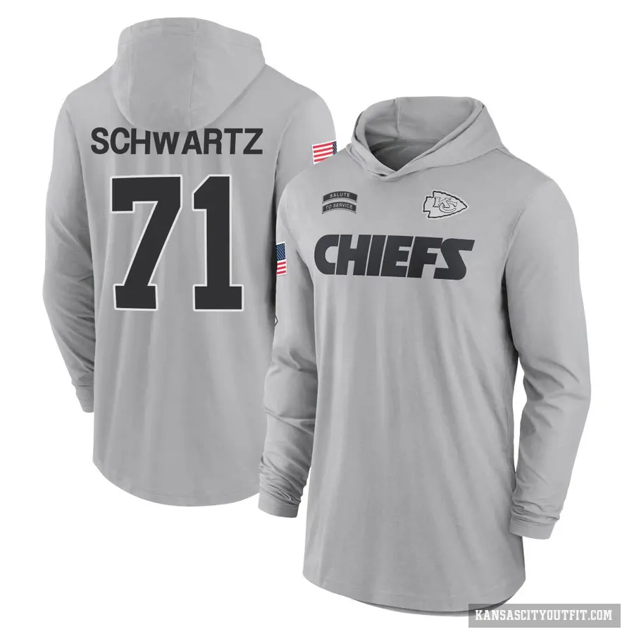 Men's ＃71 Mitchell Schwartz Kansas City Chiefs Gray 2024 Salute to Service Lightweight Performance Long Sleeve Hooded T-Shirt