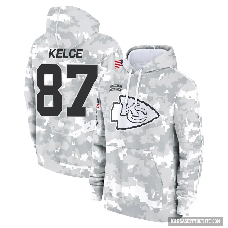 Men's ＃87 Travis Kelce Kansas City Chiefs Arctic Camo 2024 Salute to Service Club Fleece Pullover Hoodie