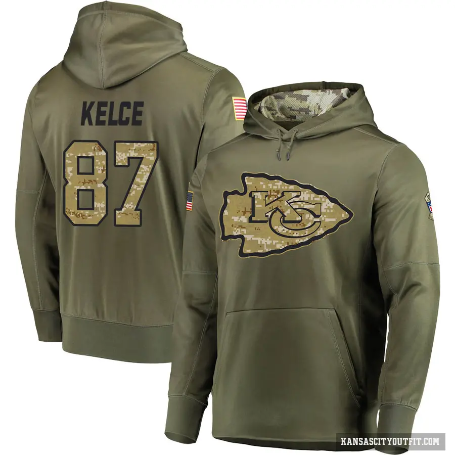 Men's ＃87 Travis Kelce Kansas City Chiefs Olive Salute to Service Pullover Hoodie