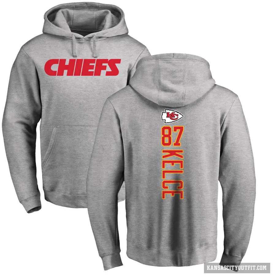 Men's ＃87 Travis Kelce Kansas City Chiefs Pro Line Ash Backer Pullover Hoodie