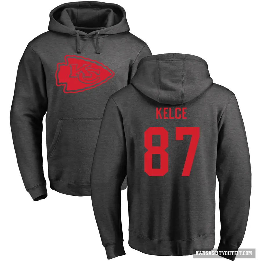 Men's ＃87 Travis Kelce Kansas City Chiefs Pro Line by Branded Ash One Color Pullover Hoodie