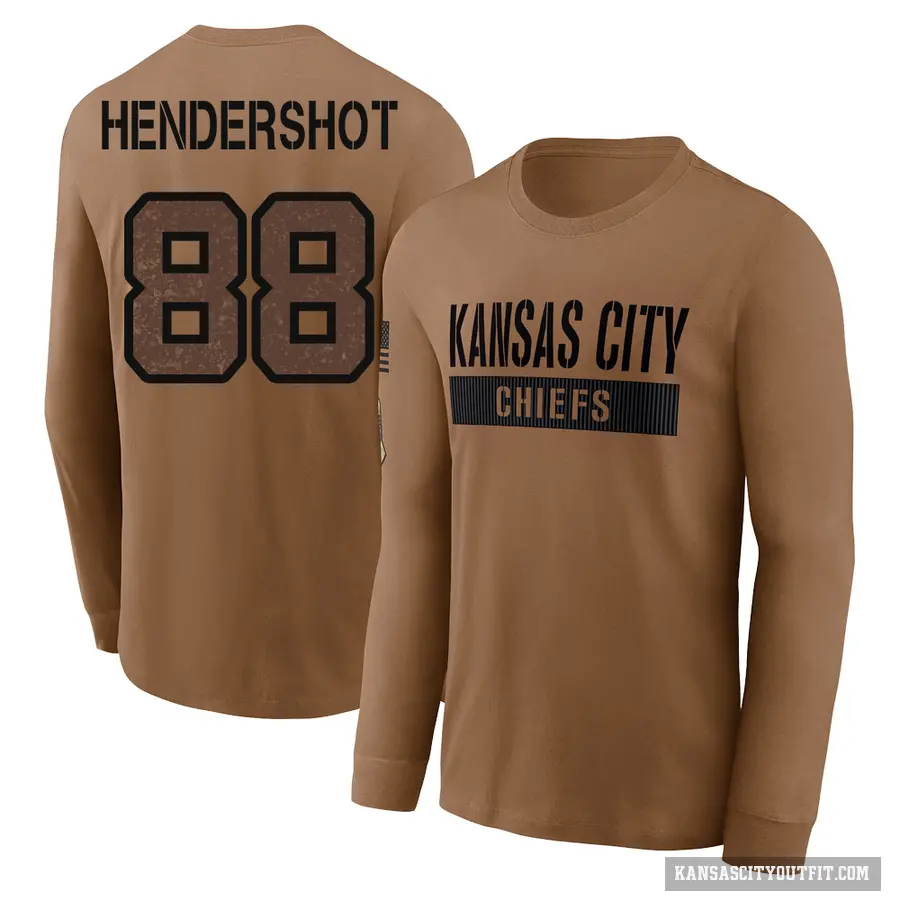 Men's ＃88 Peyton Hendershot Kansas City Chiefs Brown 2023 Salute To Service Long Sleeve T-Shirt