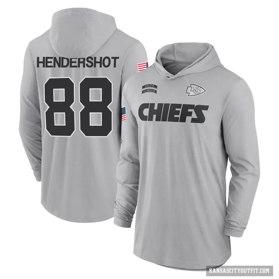 Men's ＃88 Peyton Hendershot Kansas City Chiefs Gray 2024 Salute to Service Lightweight Performance Long Sleeve Hooded T-Shirt