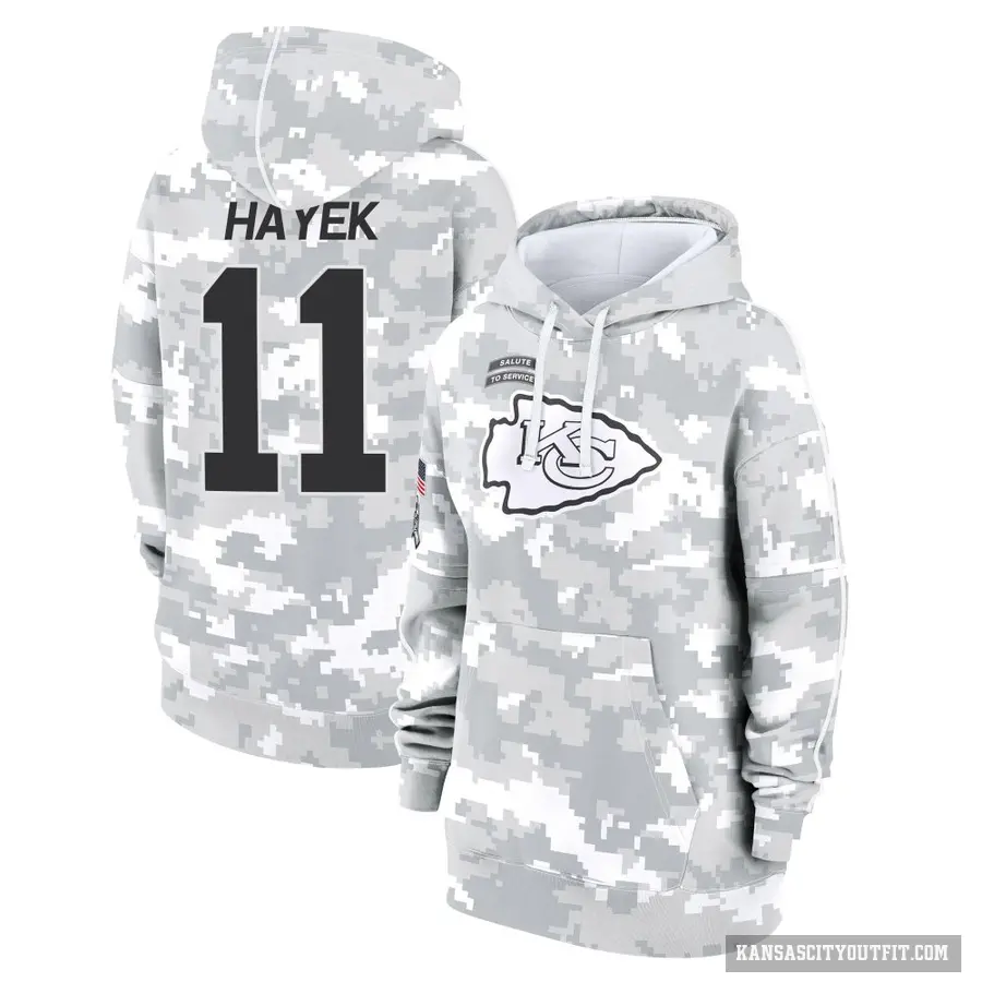 Women's ＃11 Jaaron Hayek Kansas City Chiefs Arctic Camo 2024 Salute to Service Club Fleece Pullover Hoodie