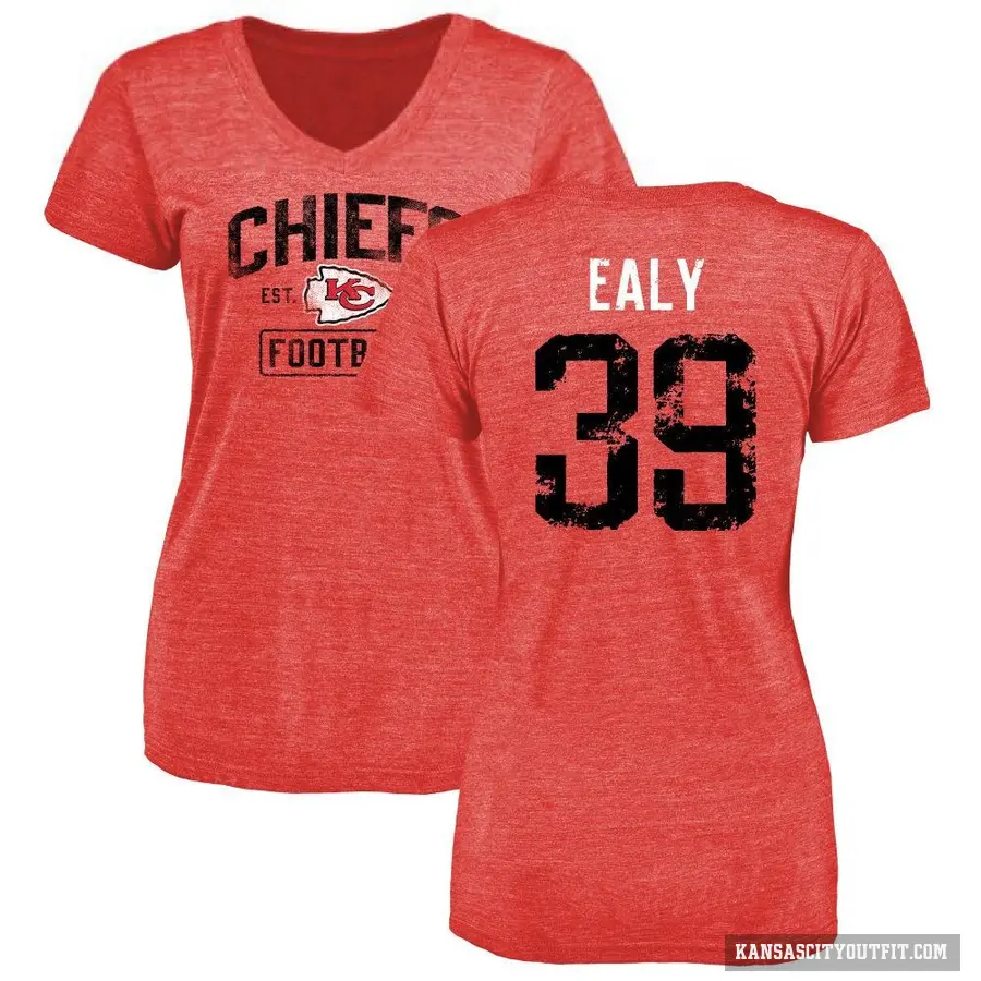 Women's ＃39 Jerrion Ealy Kansas City Chiefs Red Distressed V-Neck T-Shirt