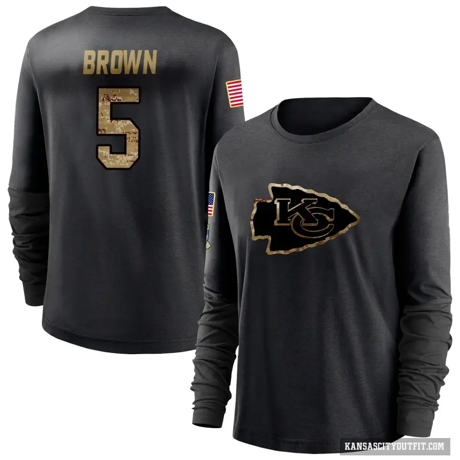 Women's ＃5 Hollywood Brown Kansas City Chiefs Black 2020 Salute To Service Sideline Performance Long Sleeve T-Shirt