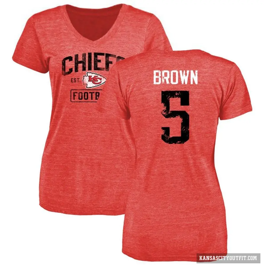 Women's ＃5 Hollywood Brown Kansas City Chiefs Red Distressed V-Neck T-Shirt