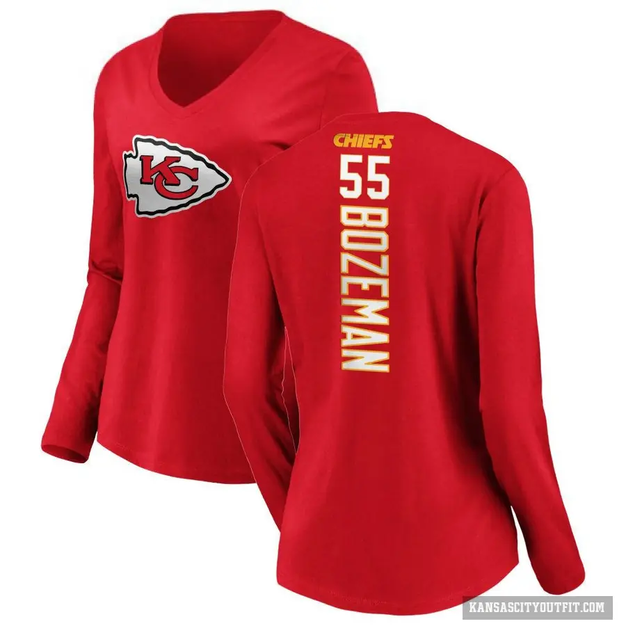 Women's ＃55 Swayze Bozeman Kansas City Chiefs Red Backer Slim Fit Long Sleeve T-Shirt