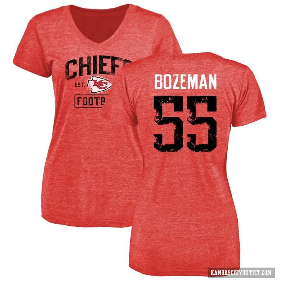 Women's ＃55 Swayze Bozeman Kansas City Chiefs Red Distressed V-Neck T-Shirt