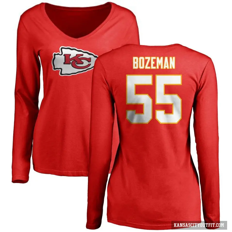 Women's ＃55 Swayze Bozeman Kansas City Chiefs Red Logo Slim Fit Long Sleeve T-Shirt