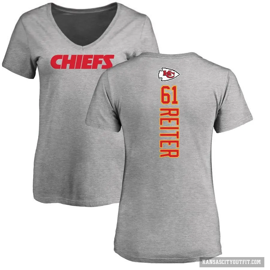 Women's ＃61 Austin Reiter Kansas City Chiefs Ash Backer V-Neck T-Shirt