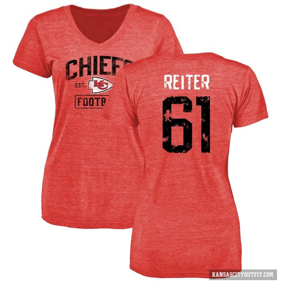 Women's ＃61 Austin Reiter Kansas City Chiefs Red Distressed V-Neck T-Shirt