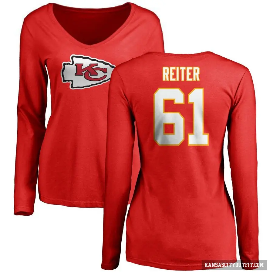 Women's ＃61 Austin Reiter Kansas City Chiefs Red Logo Slim Fit Long Sleeve T-Shirt