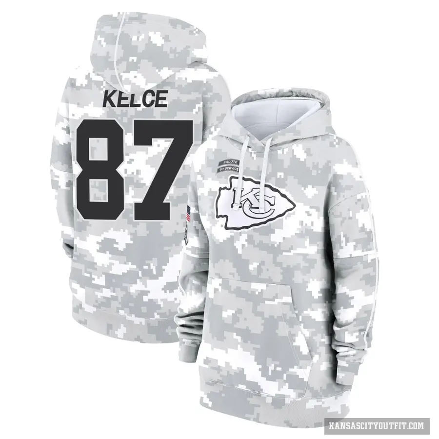 Women's ＃87 Travis Kelce Kansas City Chiefs Arctic Camo 2024 Salute to Service Club Fleece Pullover Hoodie