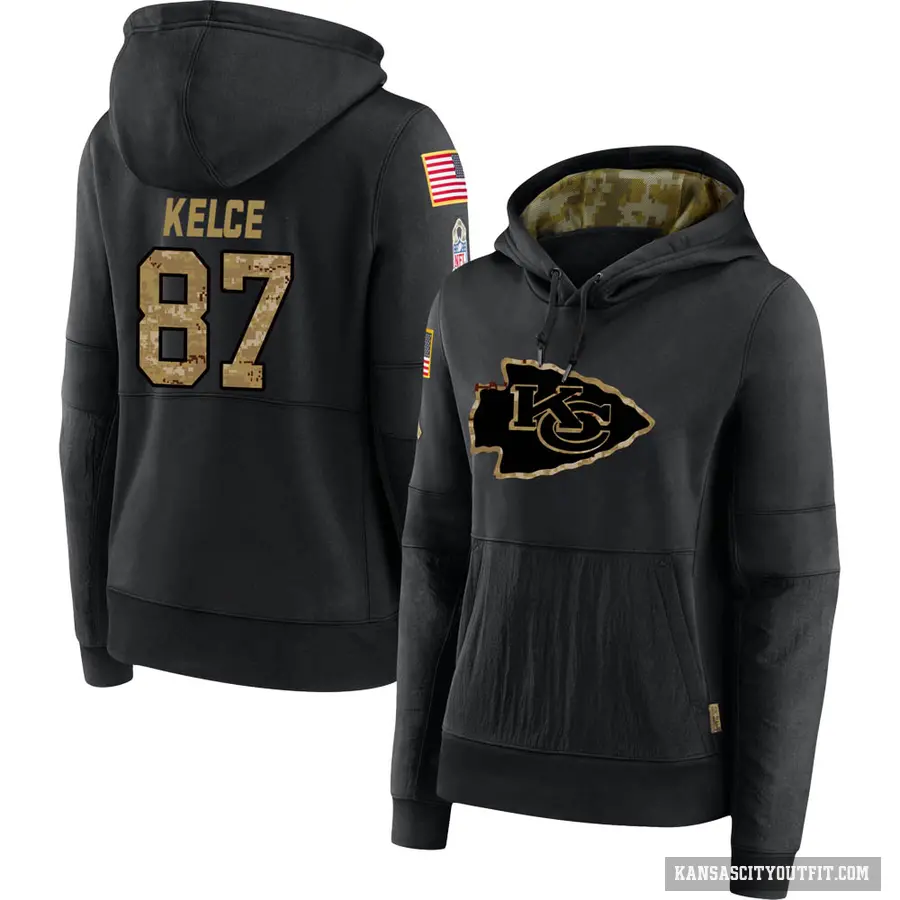 Women's ＃87 Travis Kelce Kansas City Chiefs Black 2020 Salute to Service Sideline Performance Pullover Hoodie