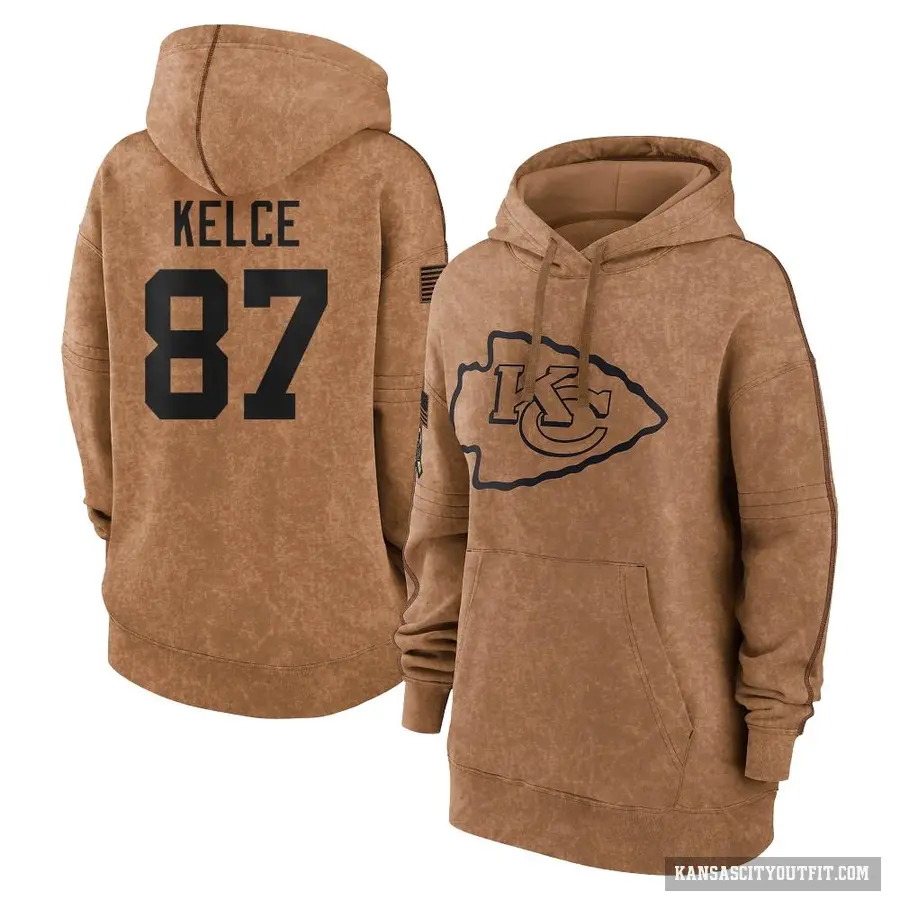 Women's ＃87 Travis Kelce Kansas City Chiefs Brown 2023 Salute To Service Pullover Hoodie