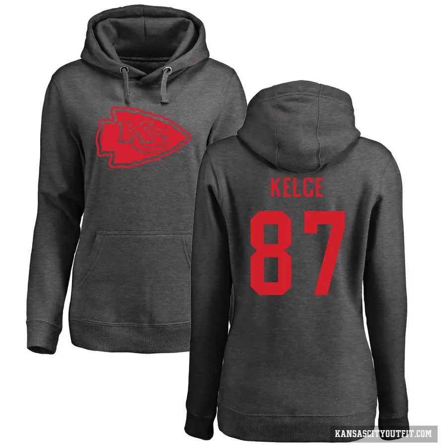 Women's ＃87 Travis Kelce Kansas City Chiefs Pro Line by Branded Ash One Color Pullover Hoodie