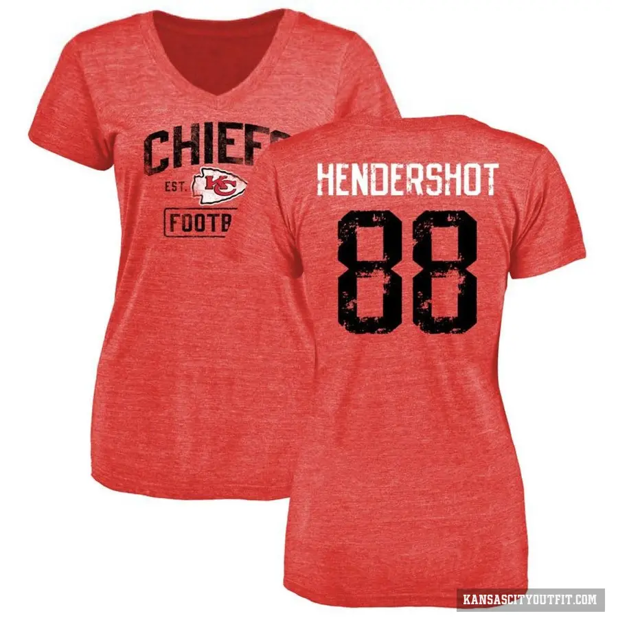 Women's ＃88 Peyton Hendershot Kansas City Chiefs Red Distressed V-Neck T-Shirt