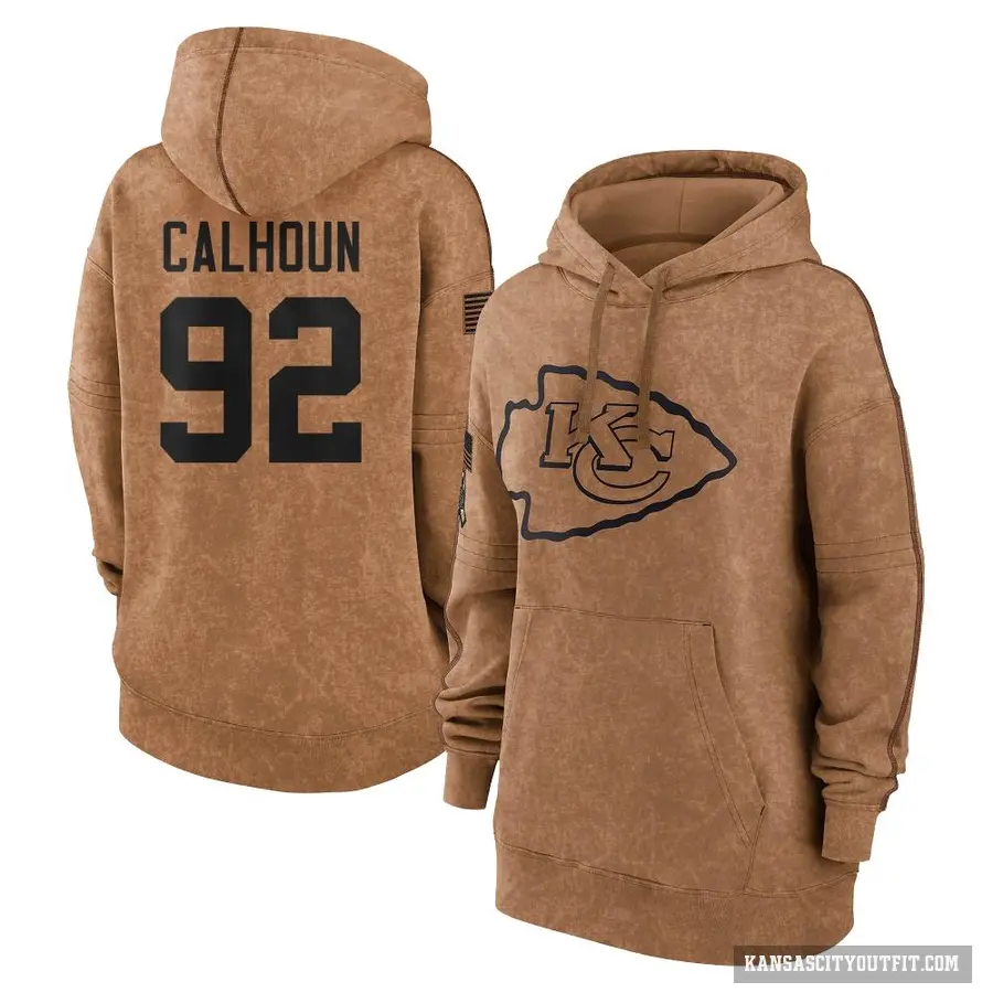 Women's ＃92 Shilique Calhoun Kansas City Chiefs Brown 2023 Salute To Service Pullover Hoodie