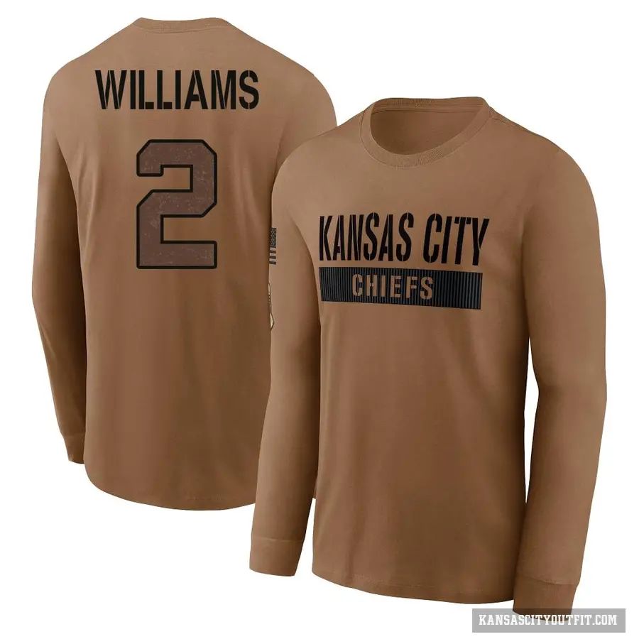 Youth ＃2 Joshua Williams Kansas City Chiefs Brown 2023 Salute To Service Long Sleeve T-Shirt