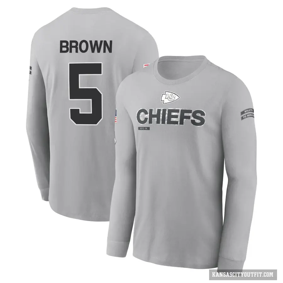 Youth ＃5 Hollywood Brown Kansas City Chiefs Brown Gray 2024 Salute to Service Long Sleeve T-Shirt