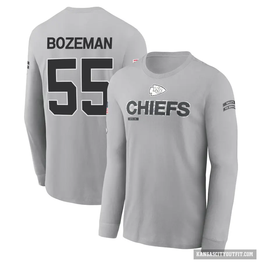 Youth ＃55 Swayze Bozeman Kansas City Chiefs Gray 2024 Salute to Service Long Sleeve T-Shirt