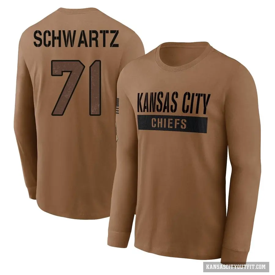 Youth ＃71 Mitchell Schwartz Kansas City Chiefs Brown 2023 Salute To Service Long Sleeve T-Shirt