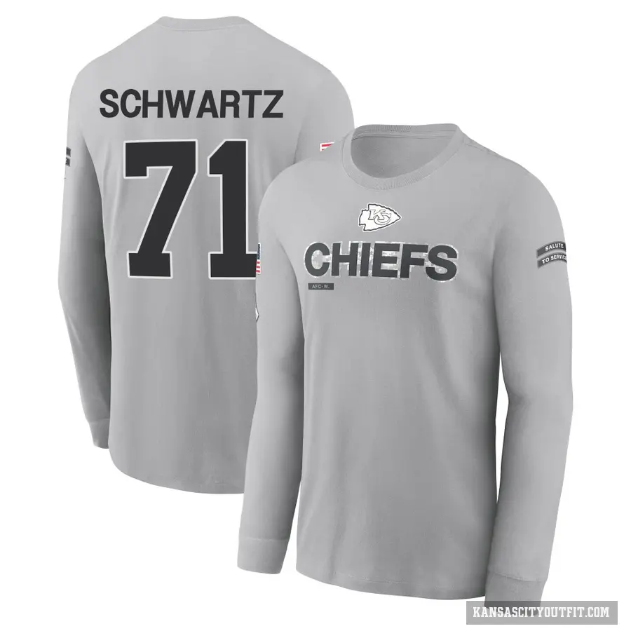 Youth ＃71 Mitchell Schwartz Kansas City Chiefs Gray 2024 Salute to Service Long Sleeve T-Shirt