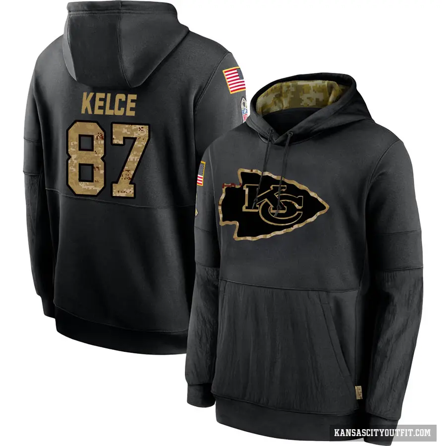 Youth ＃87 Travis Kelce Kansas City Chiefs Black 2020 Salute to Service Sideline Performance Pullover Hoodie