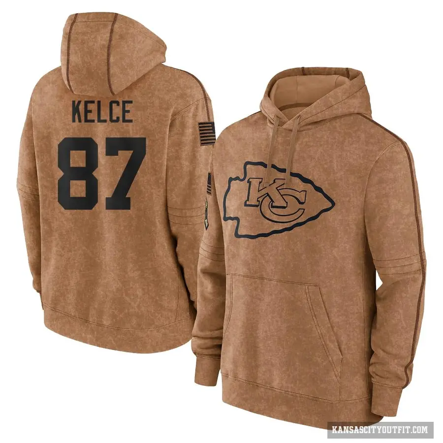 Youth ＃87 Travis Kelce Kansas City Chiefs Brown 2023 Salute To Service Club Pullover Hoodie